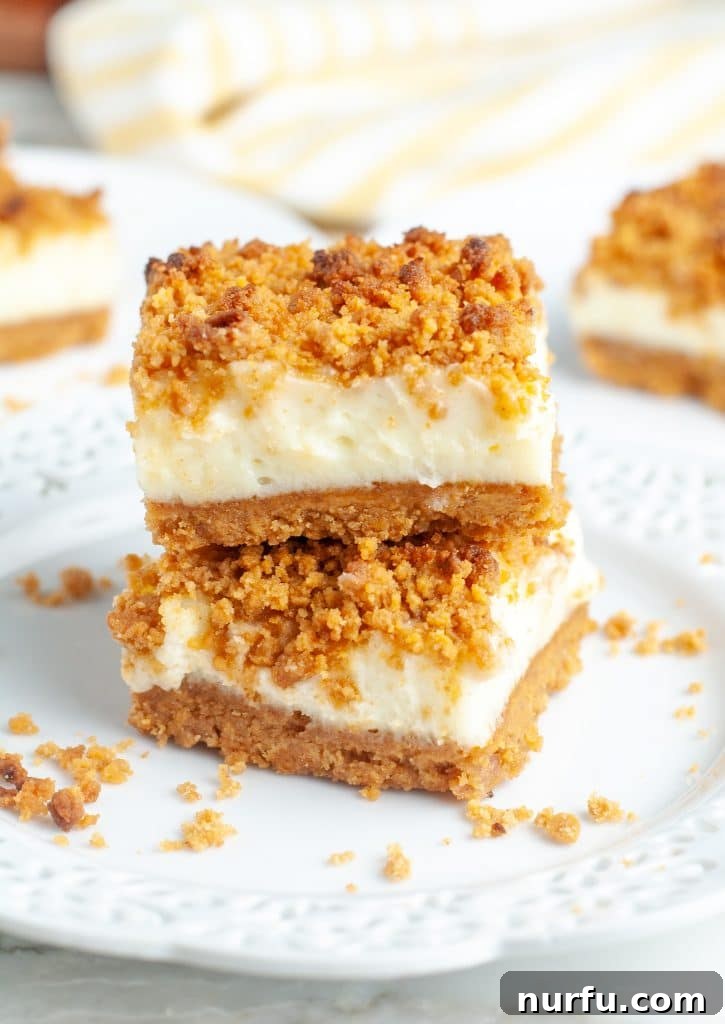 Decadent Butterscotch Cheesecake Squares 2 Two butterscotch cheesecake bars stacked on a plate, showcasing their creamy texture and crumbly topping.