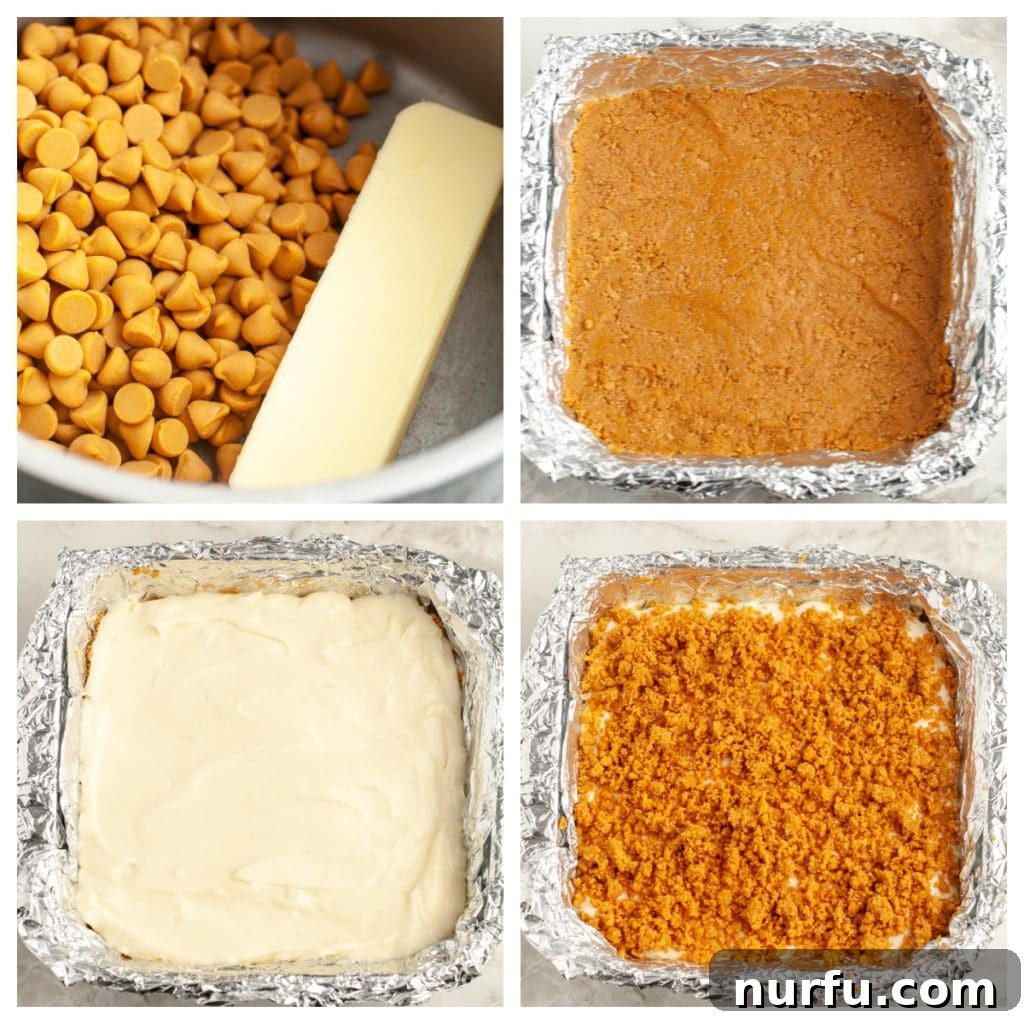 Decadent Butterscotch Cheesecake Squares 4 A baking dish with a butterscotch graham cracker crust, a creamy cheesecake layer, and crumb topping before baking.