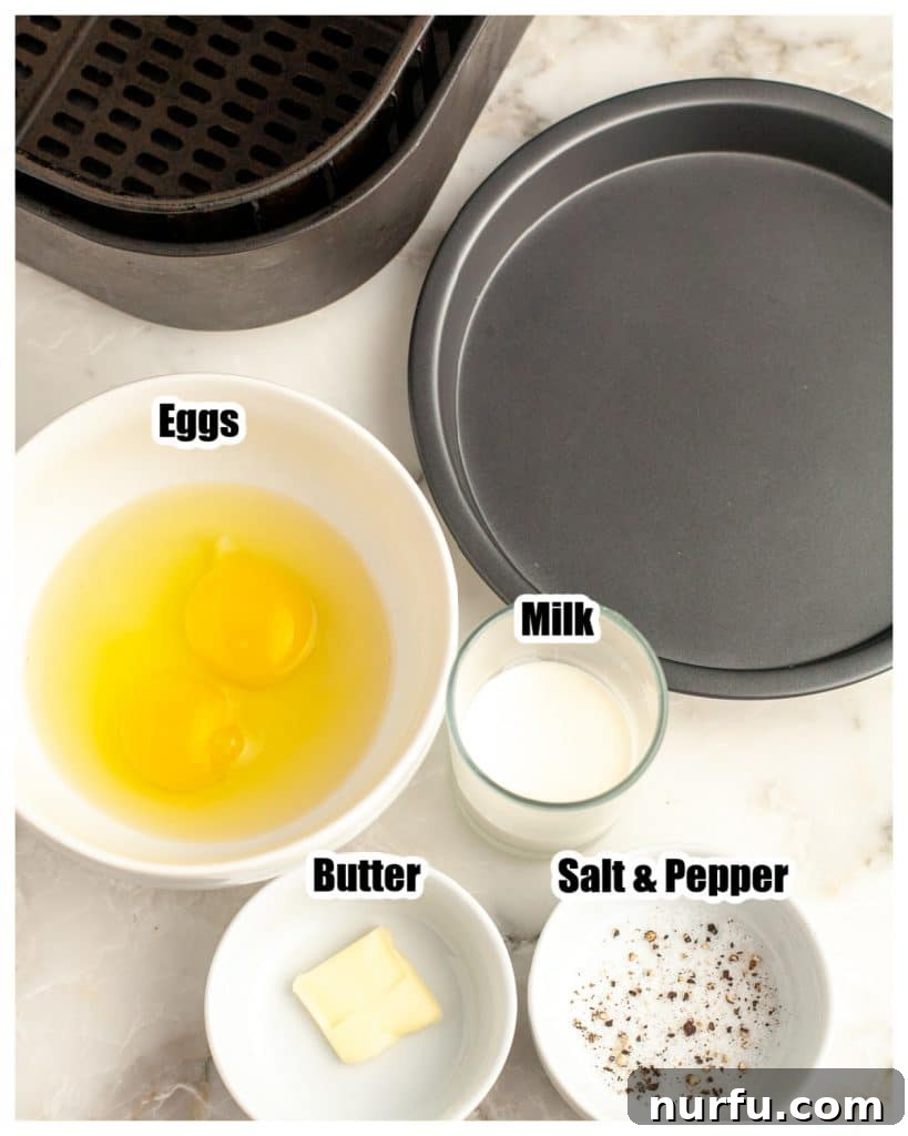 Effortless Air Fryer Scramble 3 Bowl of eggs, milk, butter, and salt, ready for whisking.