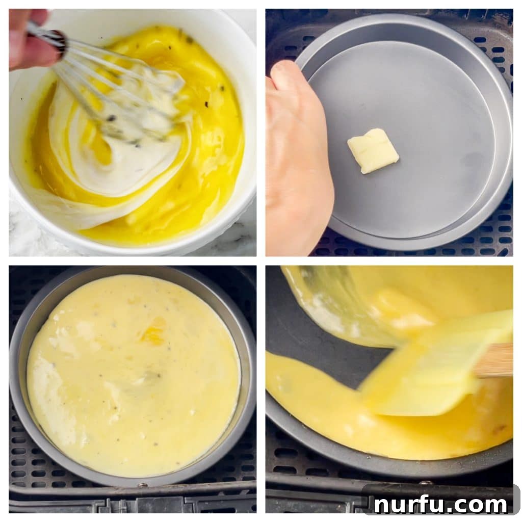 Effortless Air Fryer Scramble 4 Eggs being whisked in a bowl and cooking in a small pan inside an air fryer.