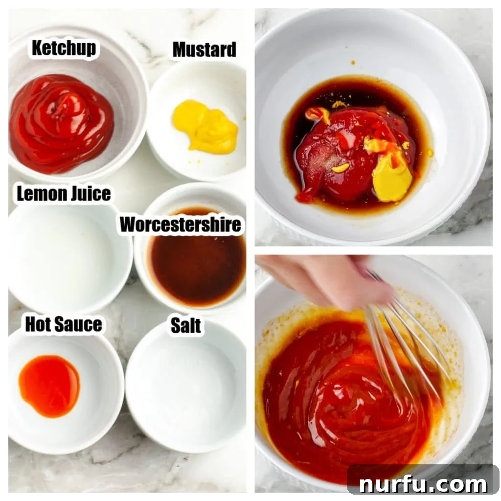 The Legendary Heinz 57 Steak Enhancer 3 Individual ingredients for homemade Heinz 57 sauce, including ketchup, mustard, hot sauce, and lemon juice, artfully arranged in a bowl before mixing.