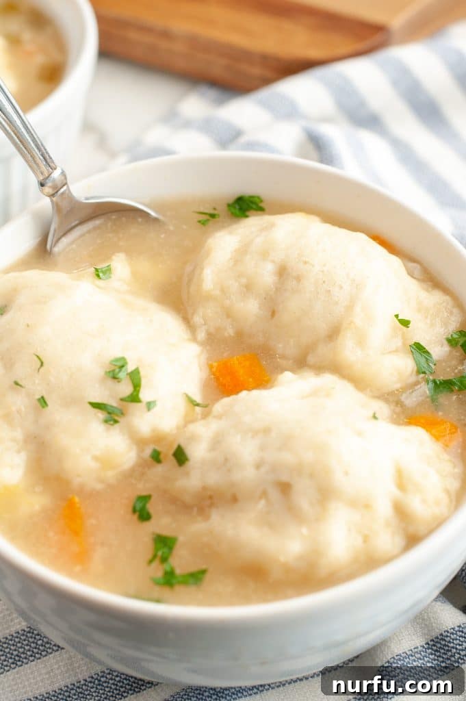 Cloud-Like Bisquick Dumplings 2 Bowl of soup with fluffy dumplings, garnished with fresh herbs.