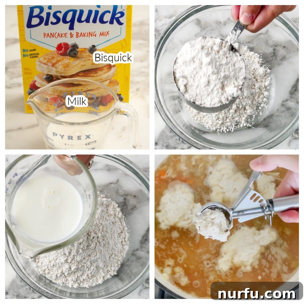 Cloud-Like Bisquick Dumplings 3 A box of Bisquick mix and a bowl of milk, the two simple ingredients for delicious dumplings.