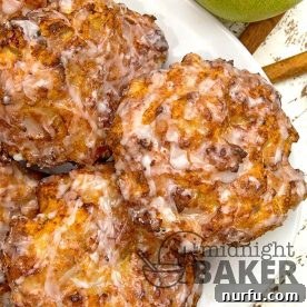 Golden air fryer apple fritters, perfectly glazed and ready to eat.