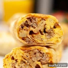 A delicious air fryer breakfast burrito, sliced in half to reveal its rich fillings of eggs, sausage, and cheese.