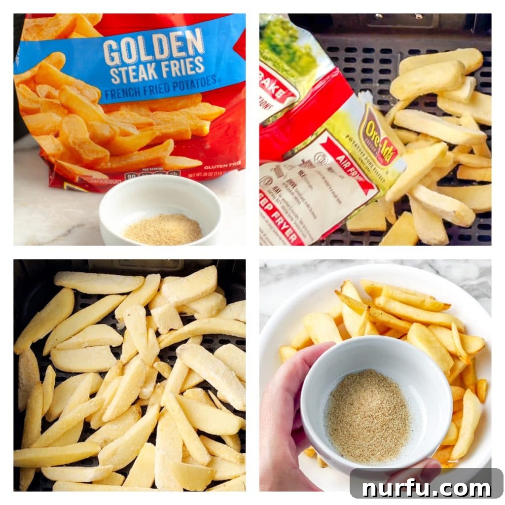 A bag of frozen steak fries, ready to be cooked in the air fryer, emphasizing the convenience of using pre-packaged ingredients.
