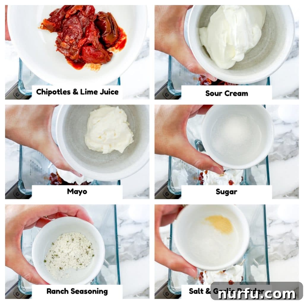Crack the Code: Subway's Chipotle Sauce Recipe 3 All the essential ingredients for the homemade Subway Chipotle Southwest Sauce laid out: chipotles in adobo, sour cream, mayonnaise, sugar, ranch seasoning, and garlic powder.