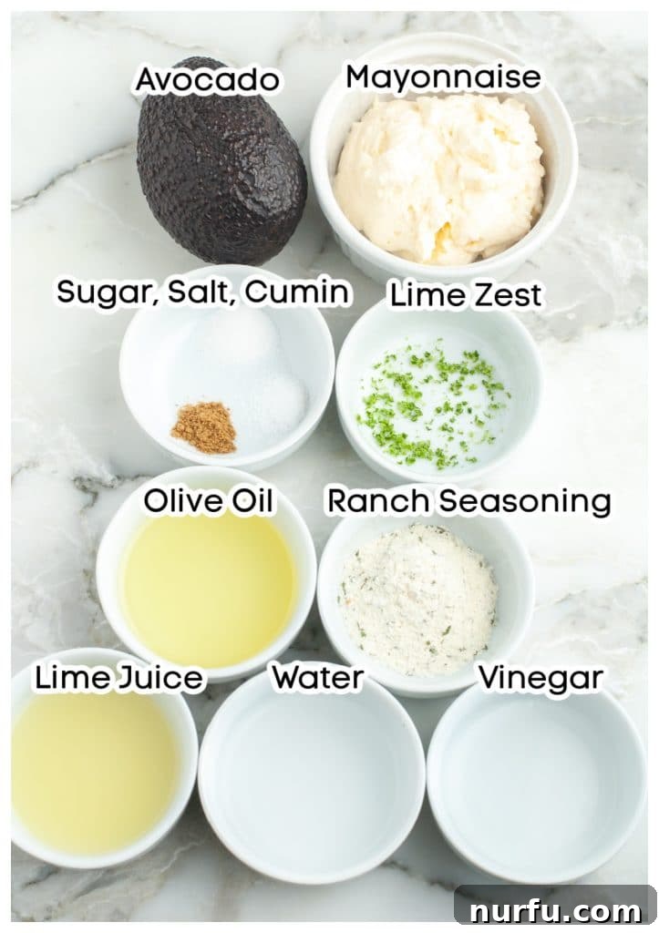 Recreate Chick-fil-A's Famous Avocado Lime Ranch Dressing 3 Bowls showcasing individual ingredients like mayonnaise, seasoning, lime juice, vinegar, and water, ready for mixing.