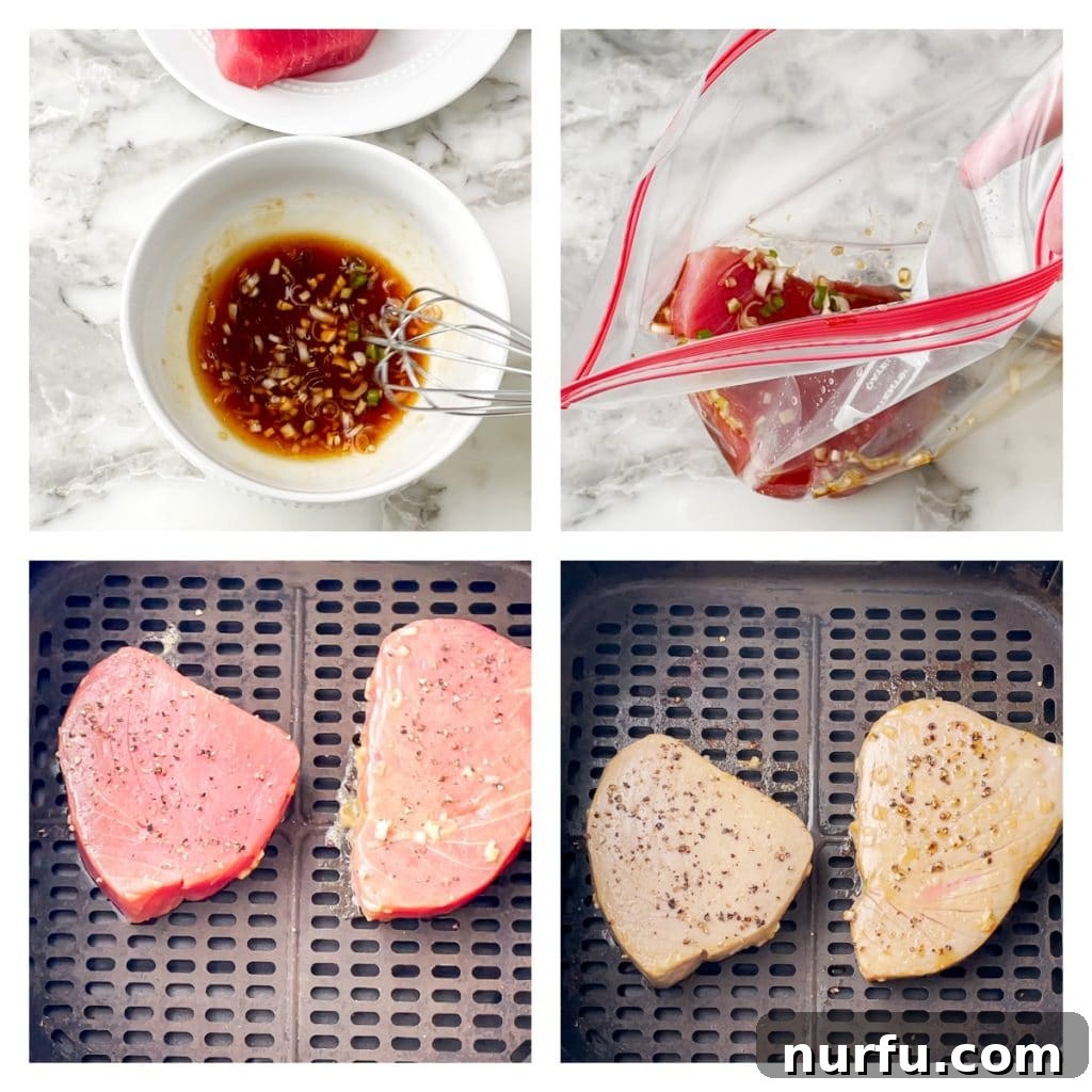 Perfect Air-Fried Tuna Steaks 3 Tuna steaks marinating in a bowl, next to an air fryer basket with tuna cooking.