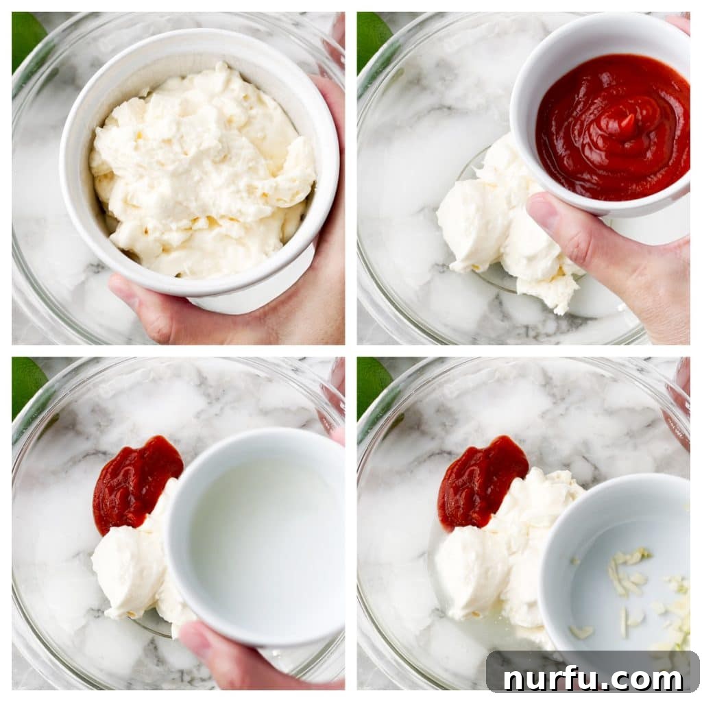Fiery Sriracha Mayonnaise 4 Mayonnaise, Sriracha, lime juice, and garlic being added to a mixing bowl.