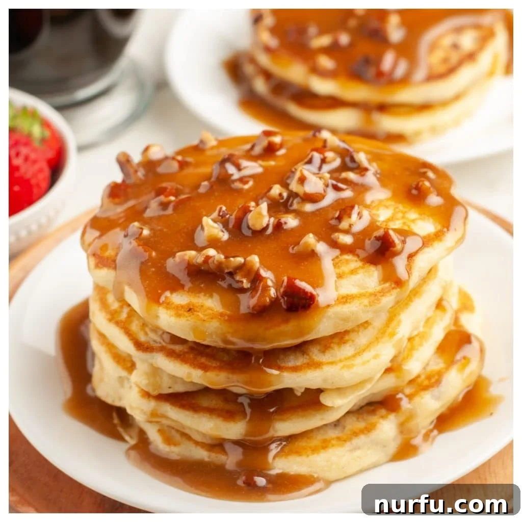 Gourmet Pecan Praline Pancakes 2 Stack of fluffy pecan praline pancakes topped with rich syrup and whole pecans.