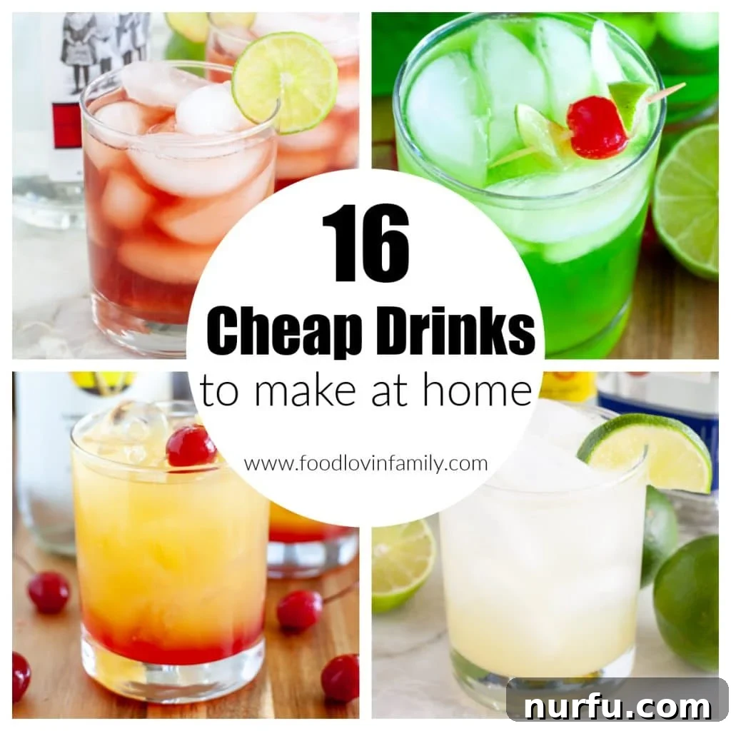 Four glasses with colorful drinks: red, green, orange, and clear, representing a variety of easy, cheap cocktail recipes.