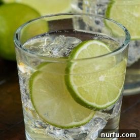 A refreshing glass of gin and tonic, garnished with bright lime slices.