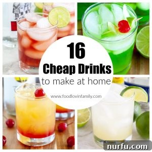 Four glasses with colorful drinks: red, green, orange, and clear, representing a variety of easy, cheap cocktail recipes.
