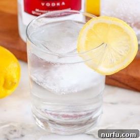 A simple Vodka Soda served in a glass, garnished with a refreshing lemon slice, highlighting its clean aesthetic.