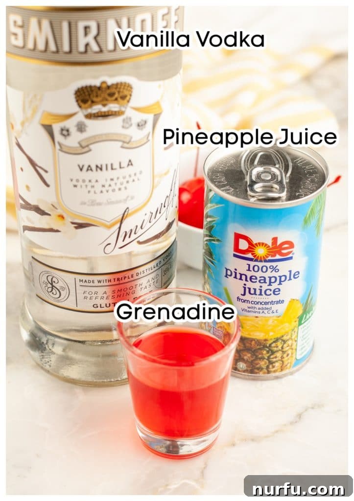 Ingredients for a Pineapple Upside Down Cake Shot: a bottle of vanilla vodka, a can of pineapple juice, and a glass of grenadine.