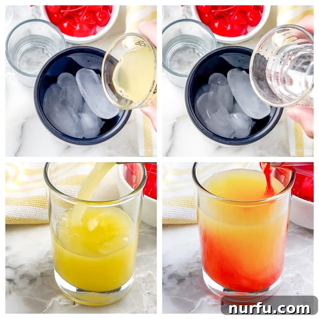 A cocktail shaker filled with ice and a glass with the mixed vodka and pineapple juice, ready for grenadine.
