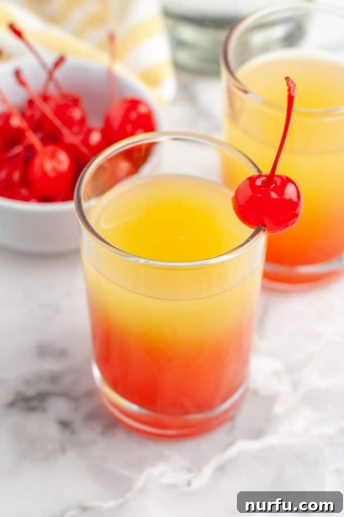 A perfectly prepared Pineapple Upside Down Cake Shot with a cherry on top, showcasing its vibrant layers.
