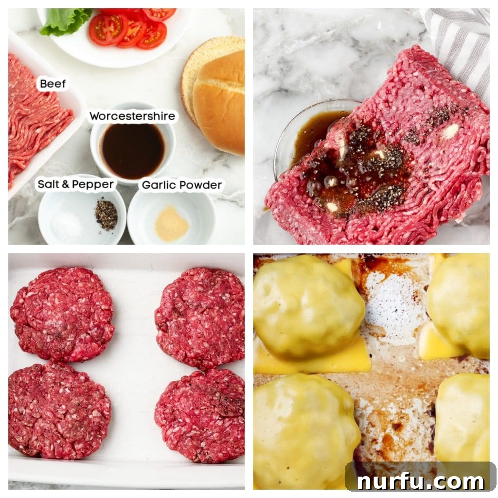 Perfect Oven Burgers 3 Four raw ground beef patties seasoned and ready for baking on a baking sheet.