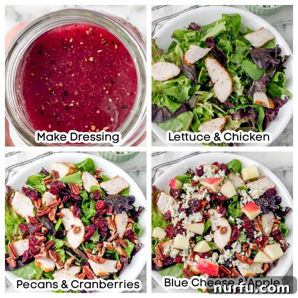 Wendy's Harvest Apple Pecan Chicken Salad 2 A jar of homemade pomegranate vinaigrette dressing next to a colorful bowl of Wendy's apple pecan salad, ready to be dressed.