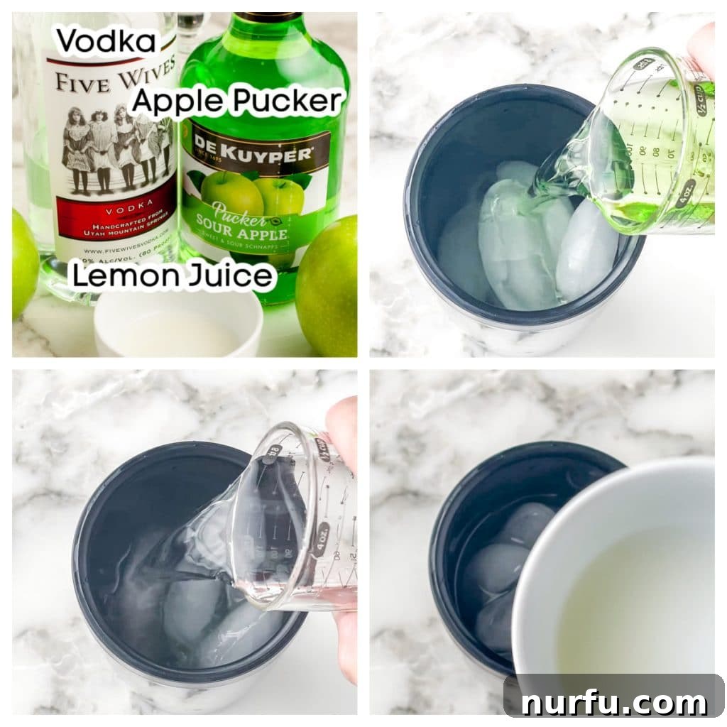 Master the Appletini: Simple Steps to a Tart Apple Martini 3 A cocktail shaker filled with ice, surrounded by bottles of vodka, sour apple pucker, and a lemon, ready for mixing to create an Appletini.