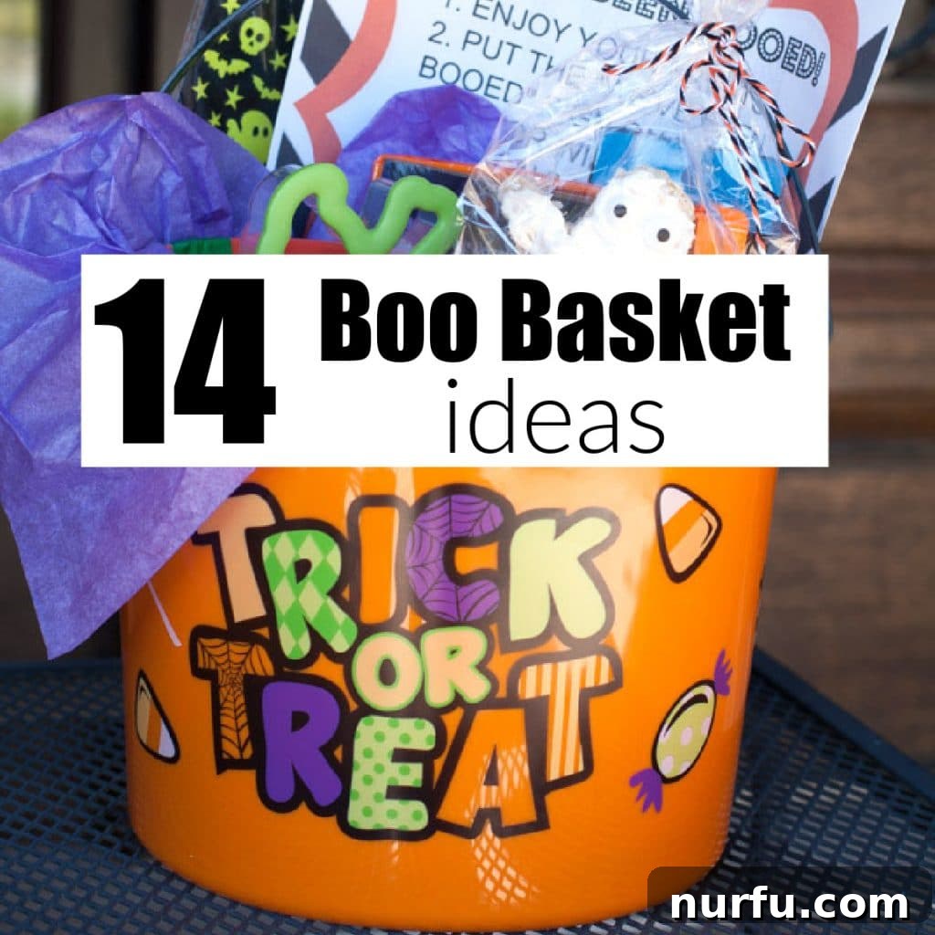 14 Hauntingly Fun Halloween Boo Ideas 2 A festive trick-or-treat bucket overflowing with an assortment of Halloween treats and candies, ready for booing.
