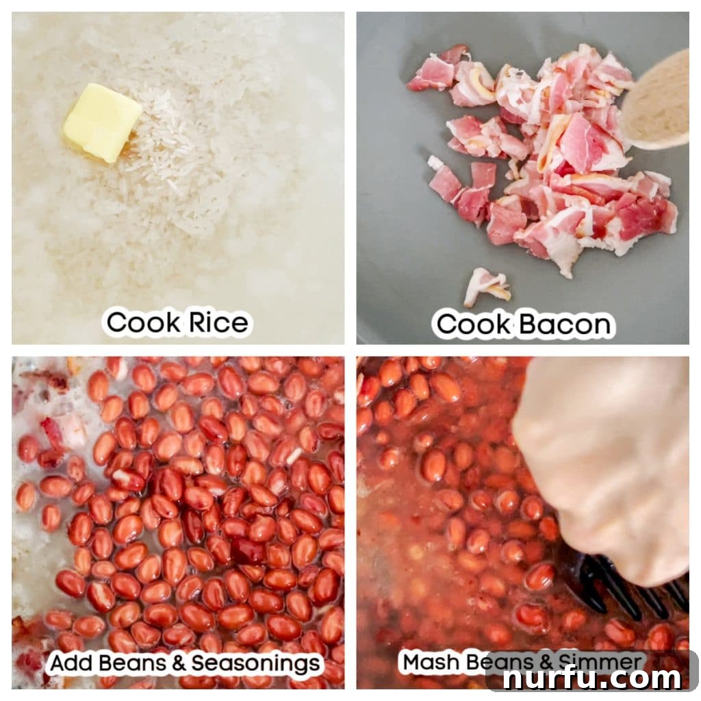 Restaurant-Style Popeyes Red Beans and Rice At Home 4 A pot of creamy red beans and rice, simmering on the stove, ready to be served.