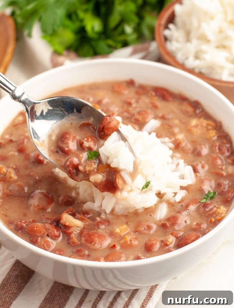 Restaurant-Style Popeyes Red Beans and Rice At Home 5 A close-up of a spoon scooping creamy red beans, showing their rich texture and color.