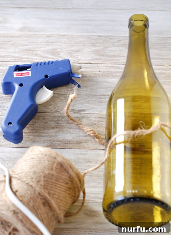 An empty, clean wine bottle ready for crafting, highlighting the importance of thorough cleaning and label removal.