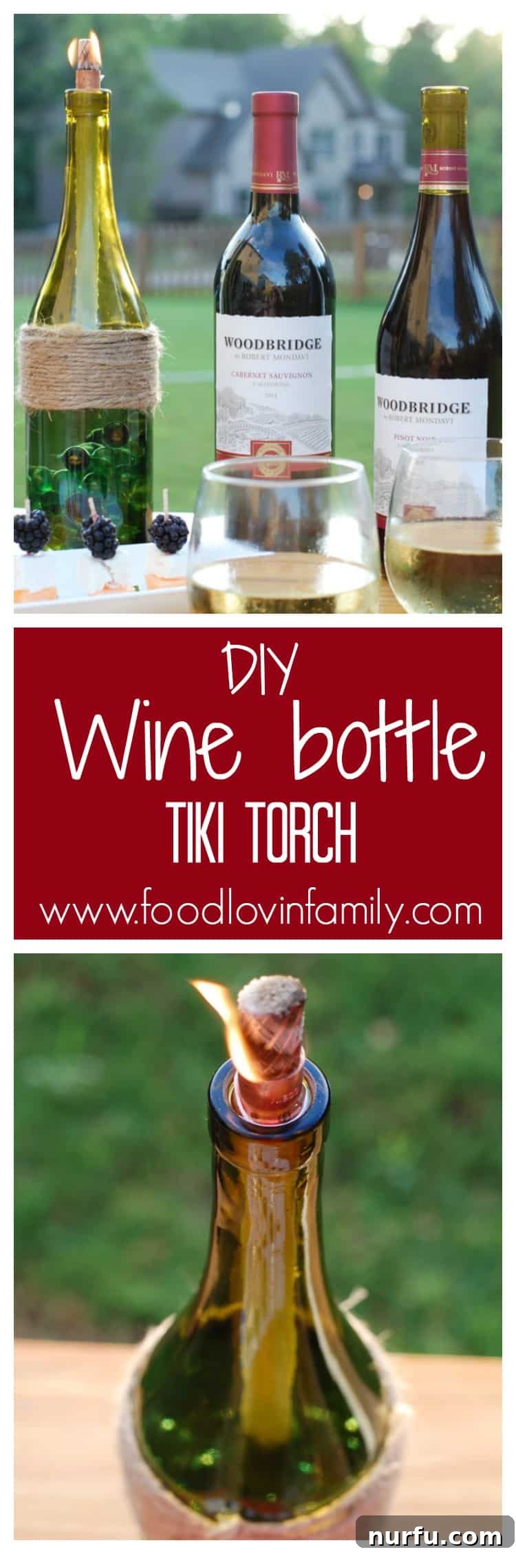 A collection of beautifully lit DIY wine bottle tiki torches creating a warm and inviting atmosphere for an outdoor evening event.