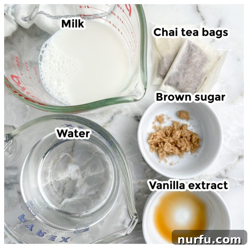 Whip Up Starbucks Chai At Home 3 A collection of ingredients laid out, including chai tea bags, a bowl of water, milk, brown sugar, and a bottle of vanilla extract, ready for making a chai latte.