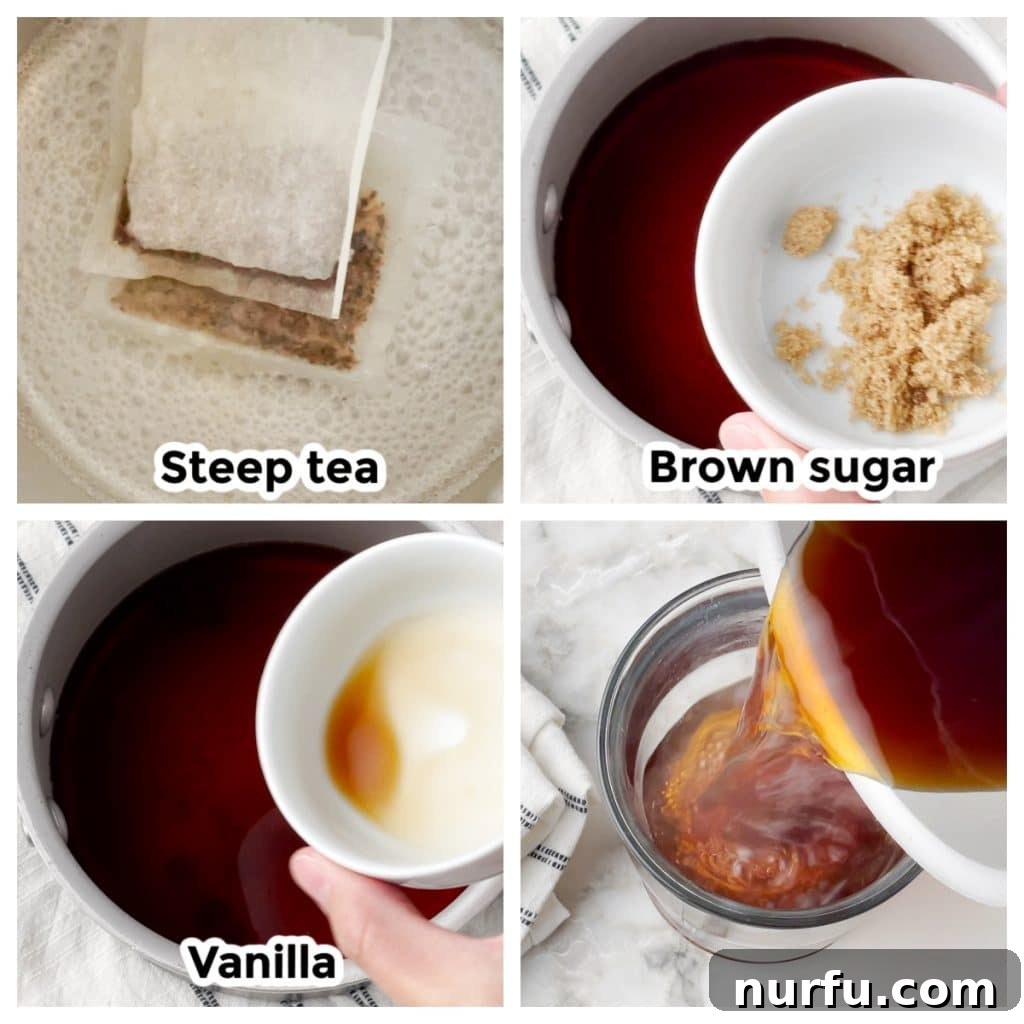 Whip Up Starbucks Chai At Home 4 A small saucepan containing freshly brewed chai tea, with brown sugar and vanilla extract stirred in, ready to be poured.