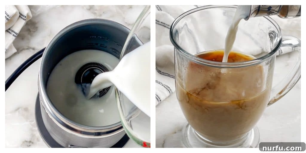 Whip Up Starbucks Chai At Home 5 A hand using a milk frother to create foam in a small pot, with a mug of prepared chai tea base waiting beside it.