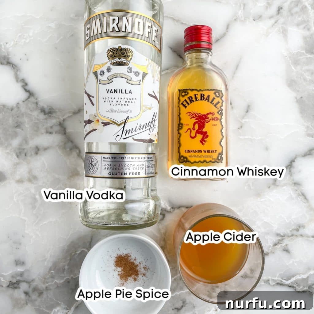 Spiced Apple Pie Shooter 3 Ingredients for an Apple Pie Shot laid out on a surface: a bottle of vanilla vodka, a bottle of cinnamon whiskey (Fireball), a glass bottle of apple cider, and a small jar of apple pie spice, ready for mixing a delicious fall cocktail.