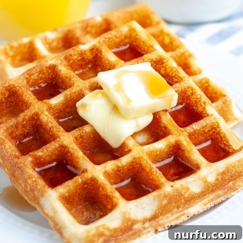 Fluffy Bisquick Waffles Made Easy 2 Two square golden-brown Bisquick waffles on a white plate, ready to be topped with syrup and berries.