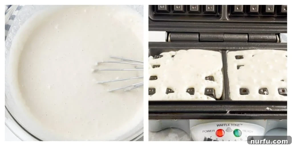Fluffy Bisquick Waffles Made Easy 5 A waffle iron with fresh Bisquick waffle batter being poured onto the hot plates, ready for cooking.