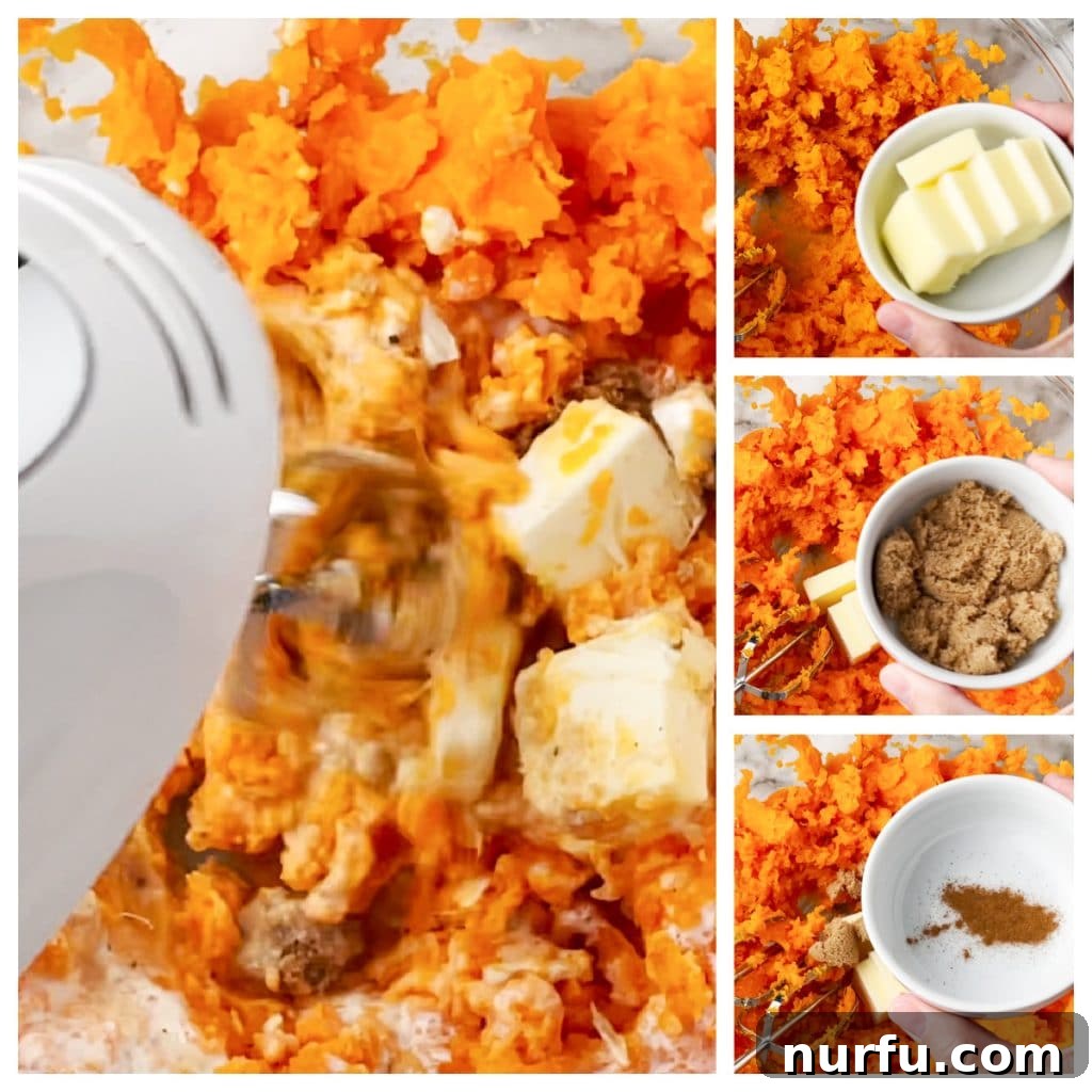 A close-up shot of freshly whipped sweet potatoes in a bowl, showcasing their creamy texture, with a dollop of melted butter and a sprinkle of cinnamon on top, indicating they are ready to serve.