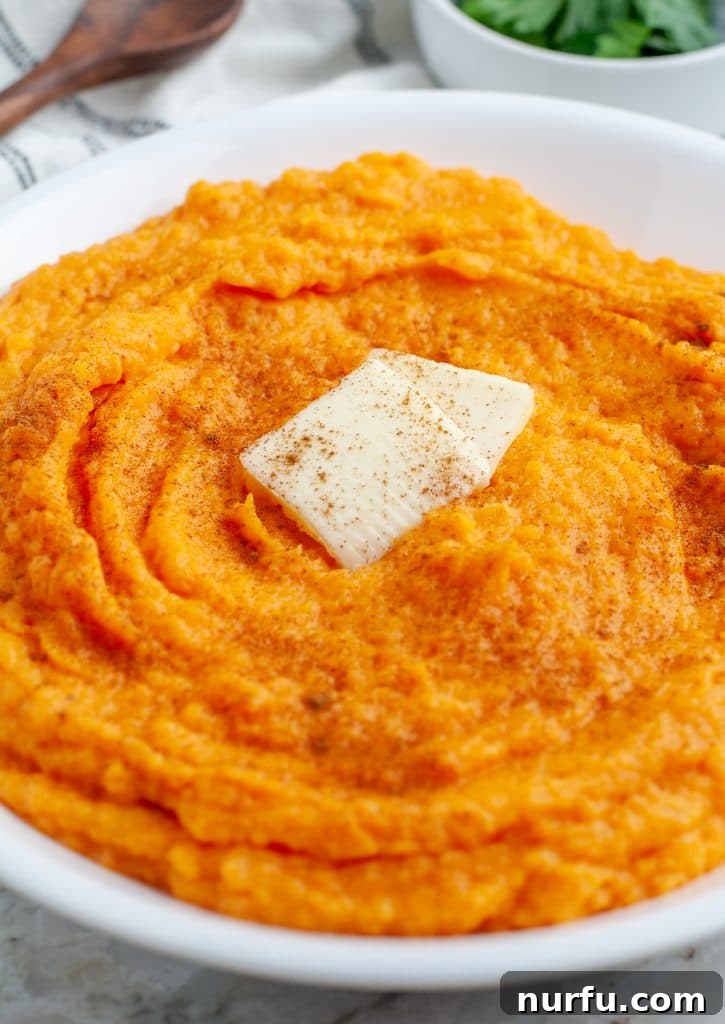 A large bowl filled with perfectly whipped sweet potatoes, showcasing their smooth, creamy texture and inviting orange hue, ready for serving.