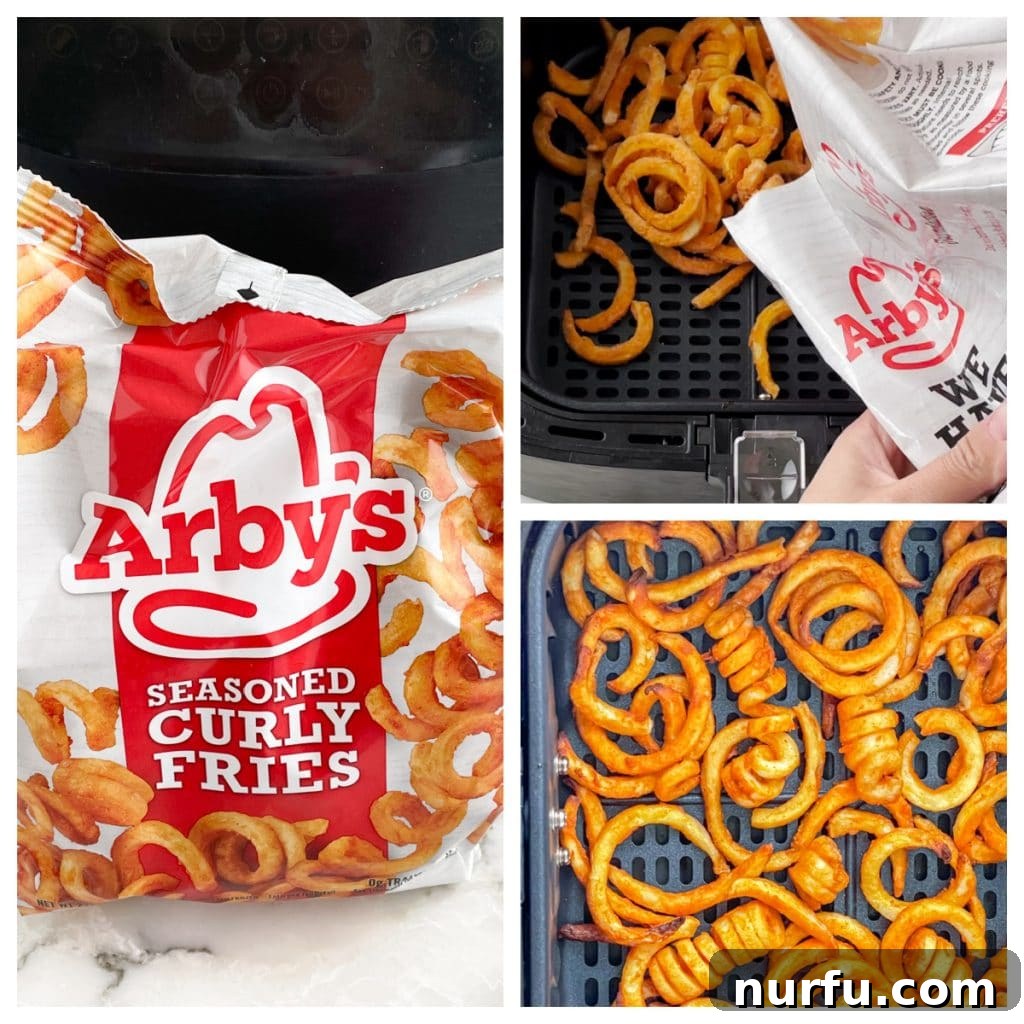 Perfectly Crispy Air Fryer Curly Fries 3 A close-up view of frozen curly fries nestled in an air fryer basket, perfectly arranged for cooking.