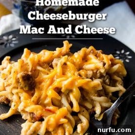 Cheeseburger mac and cheese in a skillet.