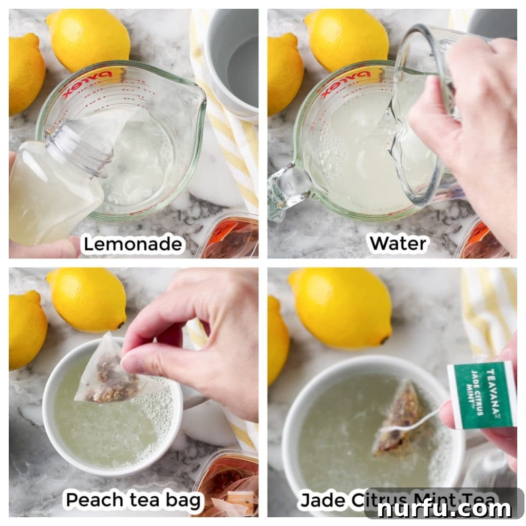 Starbucks Soothing Elixir 4 A measuring cup filled with hot lemonade and two tea bags steeping, demonstrating the tea infusion process for Medicine Ball Tea.