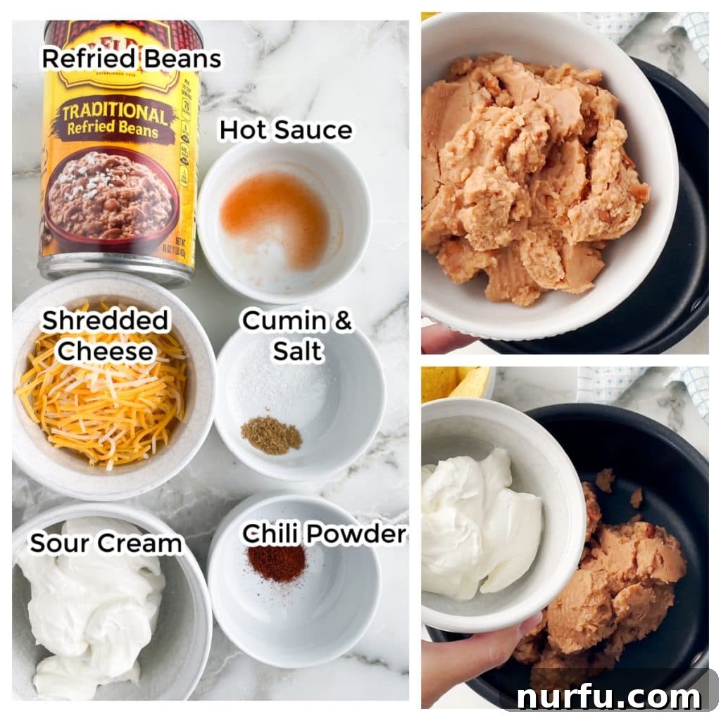 Upgrade Canned Refried Beans for Authentic Restaurant Flavor 3 Can of beans, bowl of cheese, sour cream, seasonings, hot sauce – all ingredients for making better refried beans.