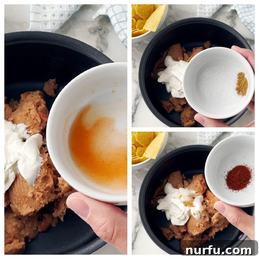 Upgrade Canned Refried Beans for Authentic Restaurant Flavor 4 Hot sauce, cumin, and chili powder next to a can of refried beans, highlighting the key flavor enhancers.