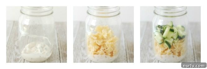 Step-by-step image showing how to layer ingredients into a mason jar for pasta salad.
