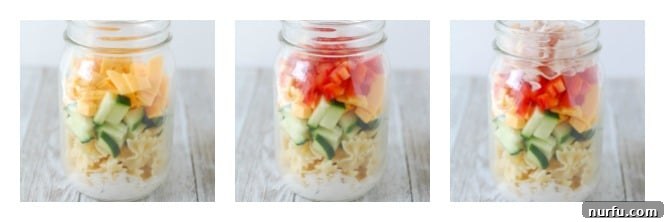 Another step-by-step image demonstrating the layering process for a mason jar pasta salad, highlighting ease of preparation.