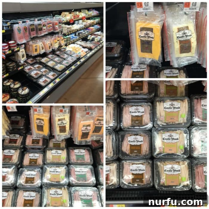 Display of Castle Wood Reserve deli meats and cheeses in a grocery store setting, highlighting their availability.