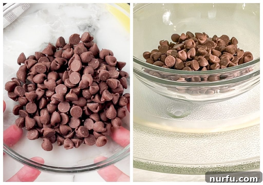 Mastering Melted Chocolate: 3 Simple Techniques 4 Bowl of chocolate chips in microwave.