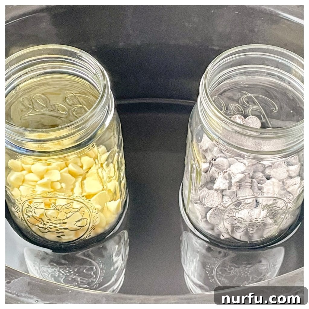 Mastering Melted Chocolate: 3 Simple Techniques 6 Crockpot with jars of chocolate chips.