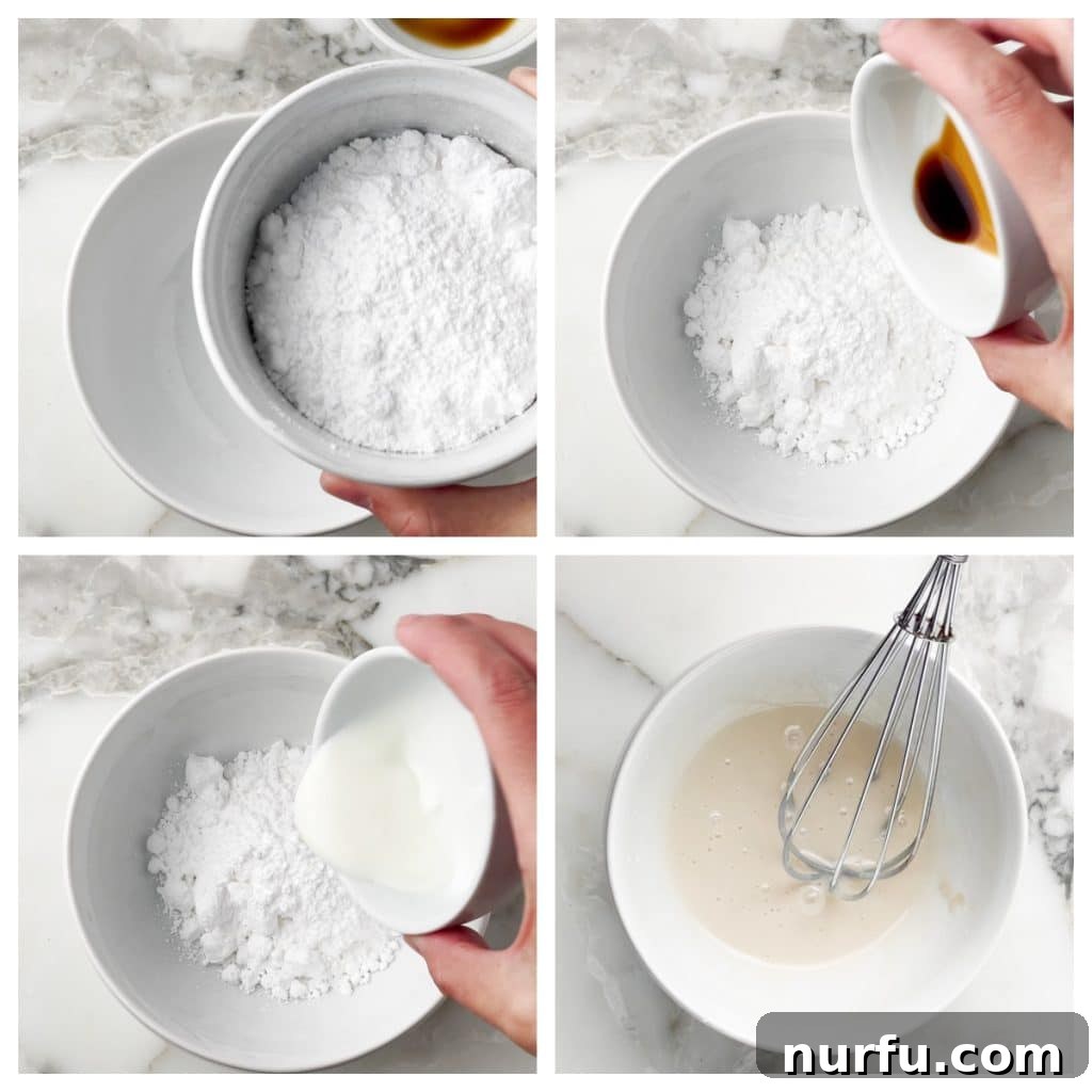 King's Cinnamon Crunch 4 Small bowl containing powdered sugar, milk, and vanilla extract for making icing.