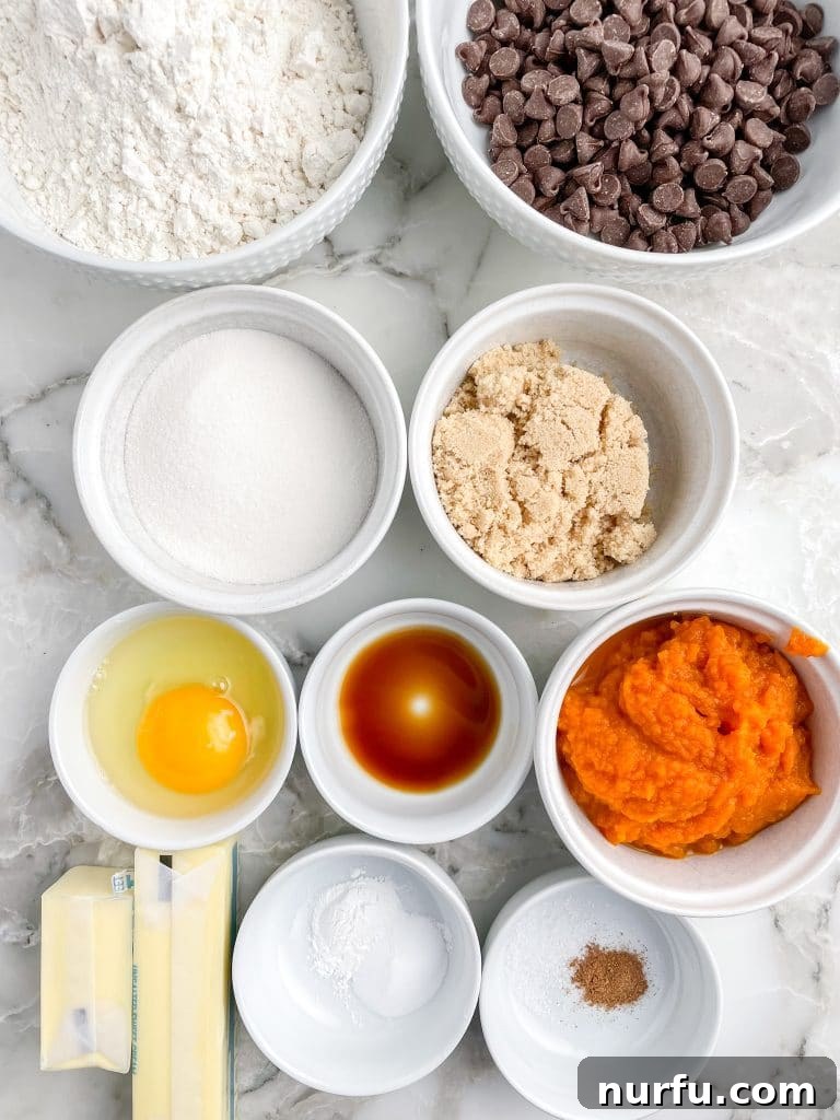 Spiced Pumpkin Chocolate Chip Cookies 3 A vibrant bowl filled with all the key ingredients for pumpkin chocolate chip cookies: flour, sugars, pumpkin puree, an egg, butter, and a generous heap of chocolate chips, ready for mixing.